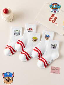 1/5/10 Pairs Paw Patrol Double Stripe Kids Socks, Simple Puppy Design, Winter Mid-Calf Socks, Fun Christmas Children's Socks - Multicolor - View 3