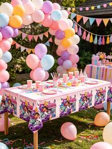 MASSDI Gabby Pastel Pink Disposable Party Tablecloth, Cartoon Character & Dollhouse Pattern Rectangular Table Cover, Waterproof Spill‑Proof Table Decor For Backyard Birthday Gathering, Festival Party Supplies - Multicolor - View 2