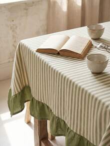 1pc Beige With Green Fine Stripes And Olive Green Ruffle Edge Tablecloth, Fresh Natural Style Fabric, Rectangular Olive Green Ruffle Edge Patchwork Detail Decorative Functional Dining Tablecloth Suitable For Daily Home Dining And Fresh Home Decor Scenes - Green - View 2