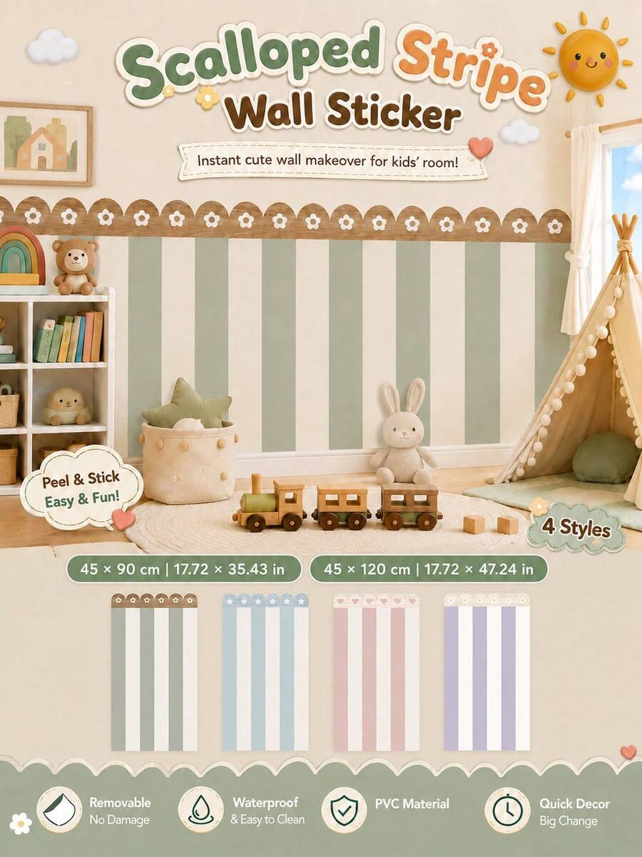 SUPSTICKER 1件裝木紋波浪邊條紋半牆貼,可移除PVC自黏式壁紙,適用於嬰兒房、兒童房與臥室裝飾,4款可選 - 彩色 - 查看 1