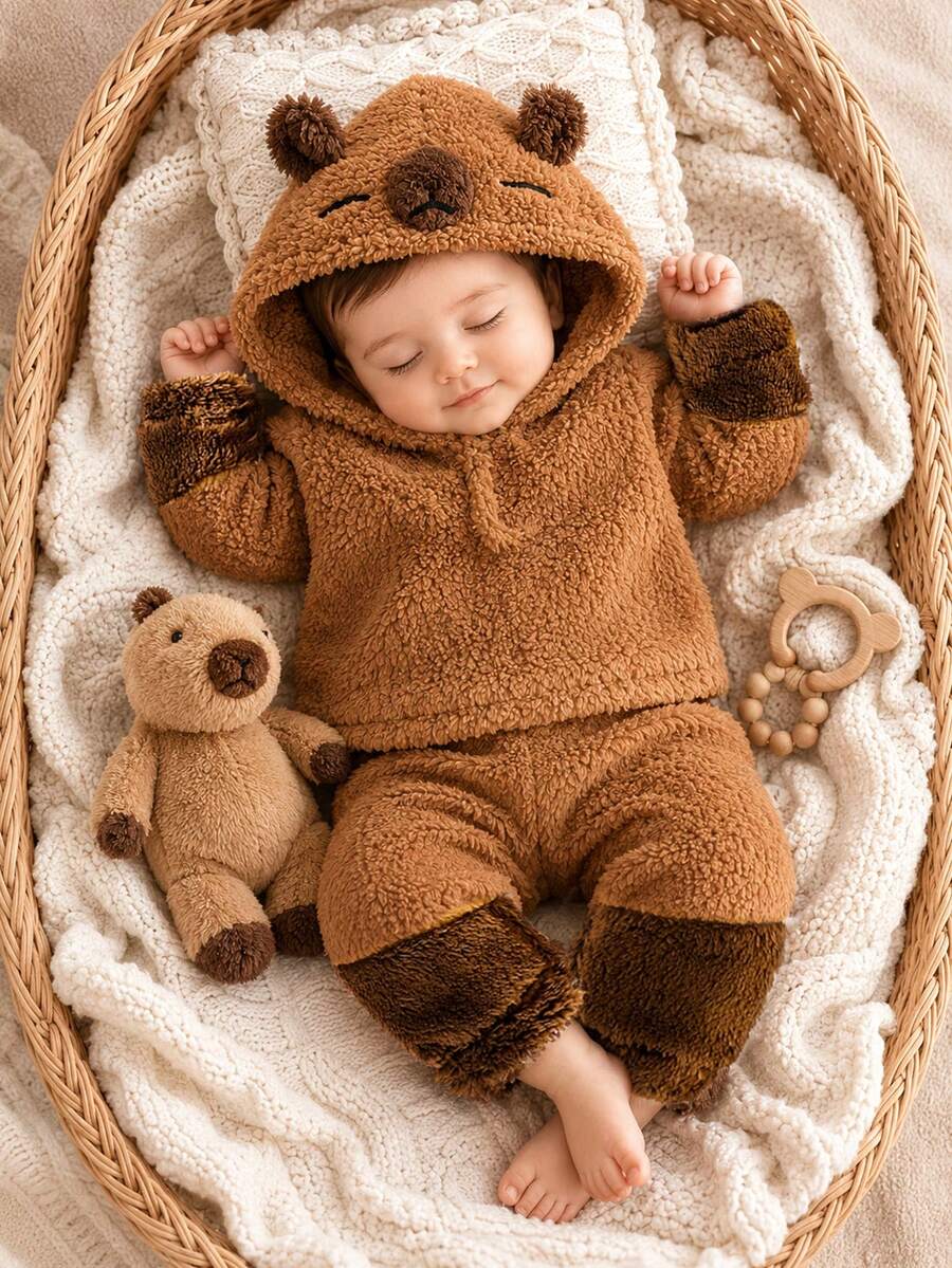 H HIBOBI 2pcs/Set Baby Boy Capybara Plush Hooded Outfit, Autumn/Winter Warm Fleece Jacket + Pants Casual 2 Pieces Set 12M-4Y - Brown - View 1
