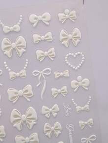 1pc 5D Classic Elegant Bow Nail Sticker, Cute Black & White Ribbon Bow Nail Art Decals, Self-Adhesive Slider Nail Decoration DIY Sticker Nail Stickers - White - View 5