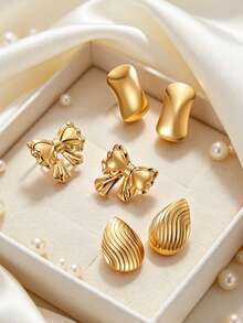 3-Piece Textured Gold Stud Earrings Set, Hypoallergenic 304 Stainless Steel, Includes Bow, Water Drop, Curved Earrings, Suitable For Casual, Office, Evening Wear - Gold - View 2