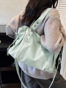 Minimalist Solid Color All-Match Style, Metal Rivet Reinforced Shoulder Strap, Comes With Adjustable Extended Crossbody Strap. Soft And Relaxed Body, Versatile Style, Can Be Freely Paired With Various Charms, Suitable For Multiple Outfits - Green - View 7
