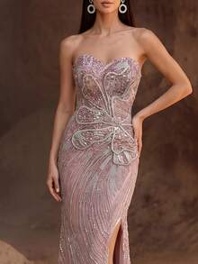 YISIKADO 3D Floral Applique Sequin Rhinestone Embellished Heart Neckline Sheer Mesh High Slit Wavy Striped Mermaid Formal Evening Party Gown - Coral Pink - View 7