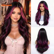 Topshe Ava WIGS 24英吋紅色挑染長波浪假髮，附簾幕瀏海，免膠水耐熱合成纖維無蕾絲假髮，女款黑色混紅長波浪假髮，適合日常穿戴、派對、Cosplay，多色假髮，完美的萬聖節女性禮物 - 紫色 - 查看 13