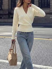 minisummer Women Elegant Fall Off White Wrap V Neck Knit Sweater, Long Sleeve Ribbed Hem Cropped Fitted Pullover, Fall Clothes For Women - White - View 5