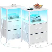 Juego de 2 mesitas de noche, mesa auxiliar LED con estación de carga |   Mesita de noche con cajón de tela, mesa auxiliar con 1 puerto USB y 1 puerto tipo C, mesa de sofá, color blanco TB01BW052L - Blanco - Ver 1