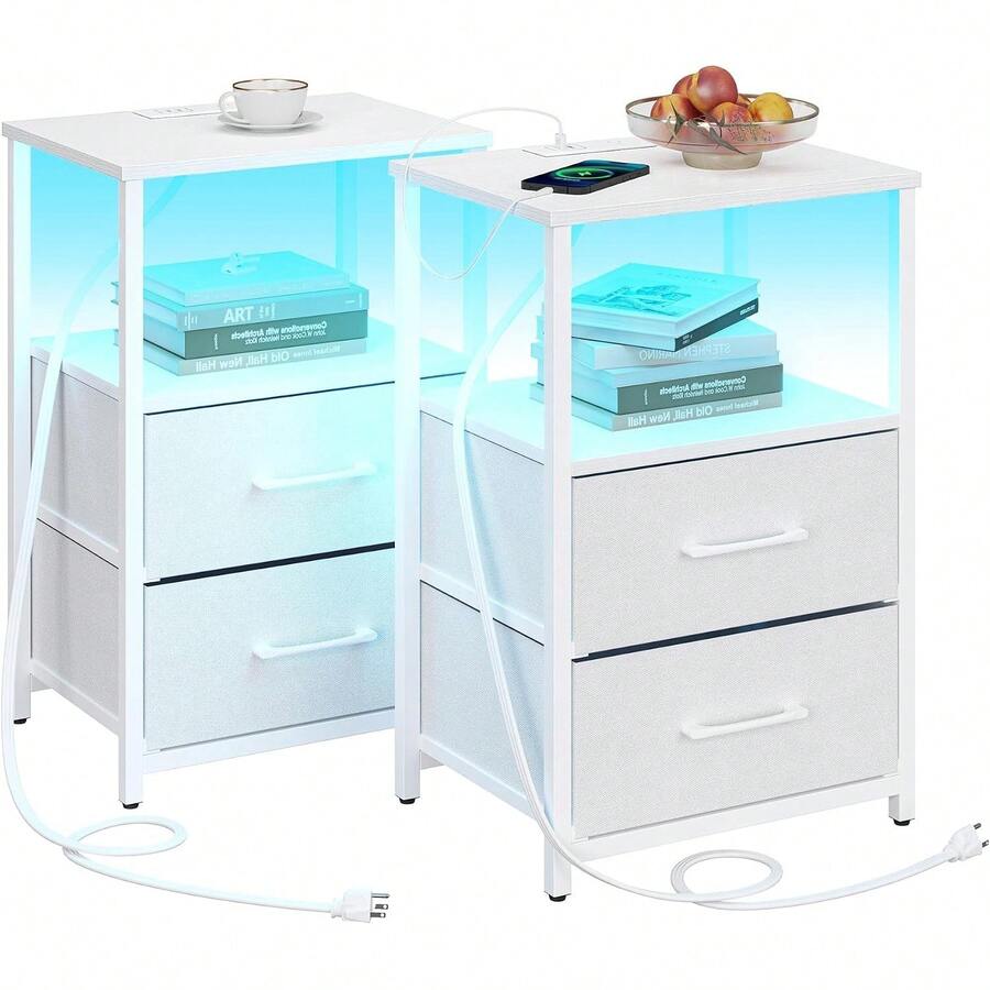 Juego de 2 mesitas de noche, mesa auxiliar LED con estación de carga | Mesita de noche con cajón de tela, mesa auxiliar con 1 puerto USB y 1 puerto tipo C, mesa de sofá, color blanco TB01BW052L - Blanco - Ver 1
