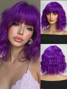 12 Inch Purple Wavy Wig With Bangs, Women's Short Curly Synthetic Heat Resistant Wig, Suitable For Party, Daily Wear, Colorful, Popular For Music Festivals, Halloween - Purple - View 2