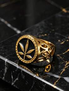 1pc Old Money Stainless Steel Men's Maple Leaf Cast Thumb Ring, Suitable For Men's Daily Wear And Motorcycle Accessories - Gold - View 4