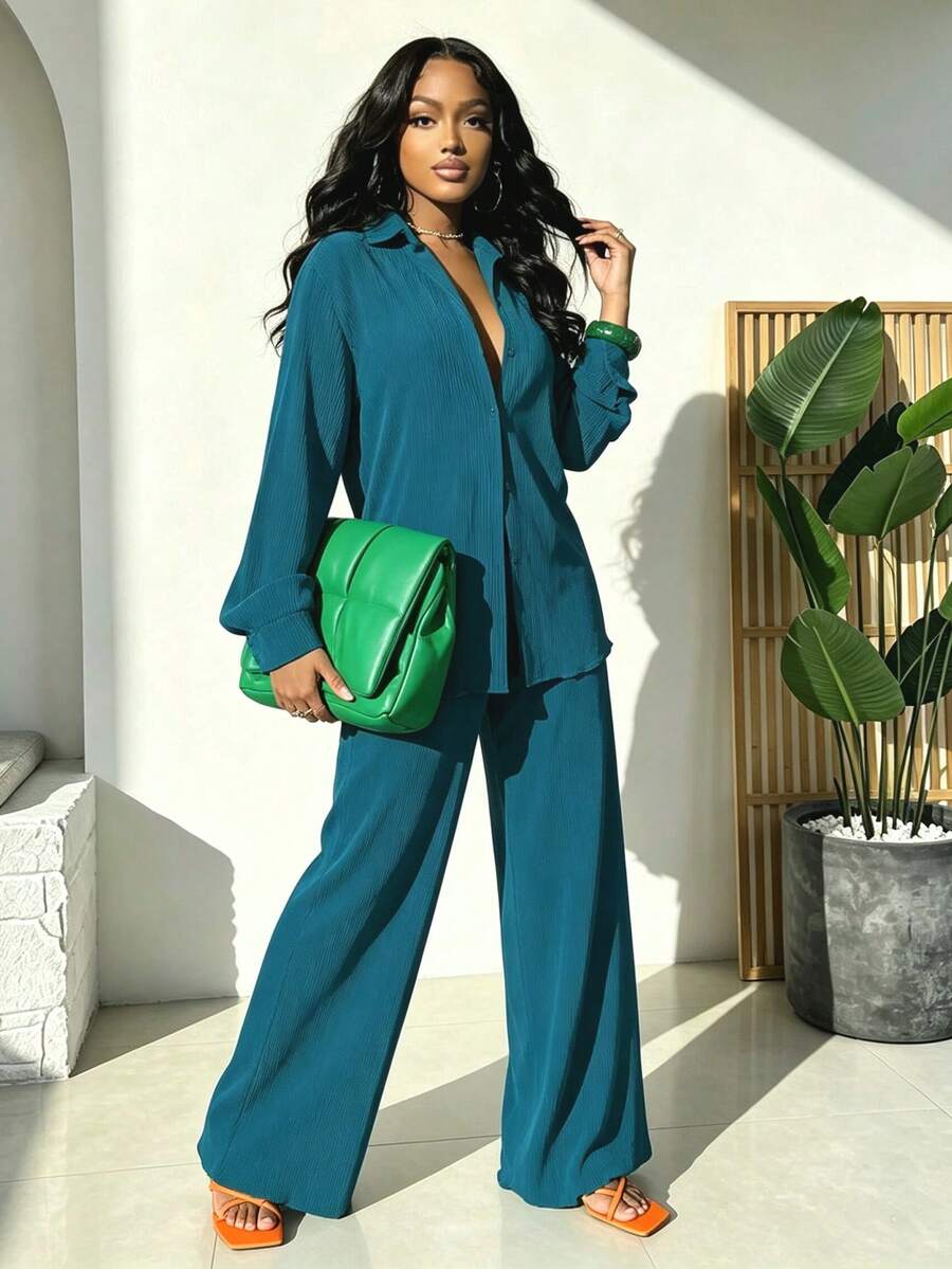2pcs Women's Casual Printed Pleated Shirt & Wide Leg Pants Set Spring Elegant - Cobalt Blue - View 1