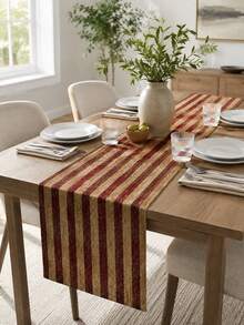 1PC Vintage Red Stripe Linen Table Runner, Beige Burgundy Rustic Farmhouse Table Runner, Classic Woven Look Dining Table Centerpiece Decor For Kitchen, Dining Room, Thanksgiving, Christmas, Holiday Party And Everyday Home Decoration - Distressed Stripes - View 10
