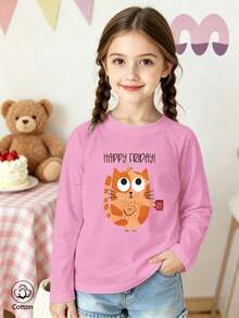 Girls Cotton Twill Long-Sleeved T-Shirt, Autumn/Winter Style, With An Orange Cat Print, In A Cute And Sweet Preppy Style - Light Wine Red - View 3