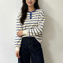 Korean Style Lazy Vibe Half-Button Contrast Stripe Long Sleeve T-Shirt, Fashion Loose Slimming Casual Versatile Layering Women's Autumn Outing Top - Blue - View 3