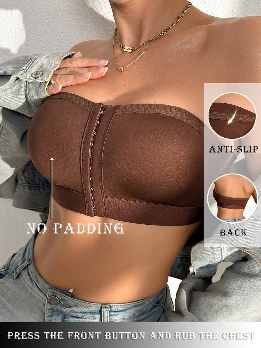 1pc Solid Color Casual-Comfortable Minimalist Knit Fabric Front Button Wireless Bralette For Women, All Season