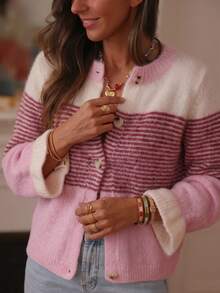Plus Size Women's Colorblock Striped Knit Cardigan, Slimming Front Button Soft Casual Long Sleeve Jacket, Autumn/Winter - Multicolor - View 2
