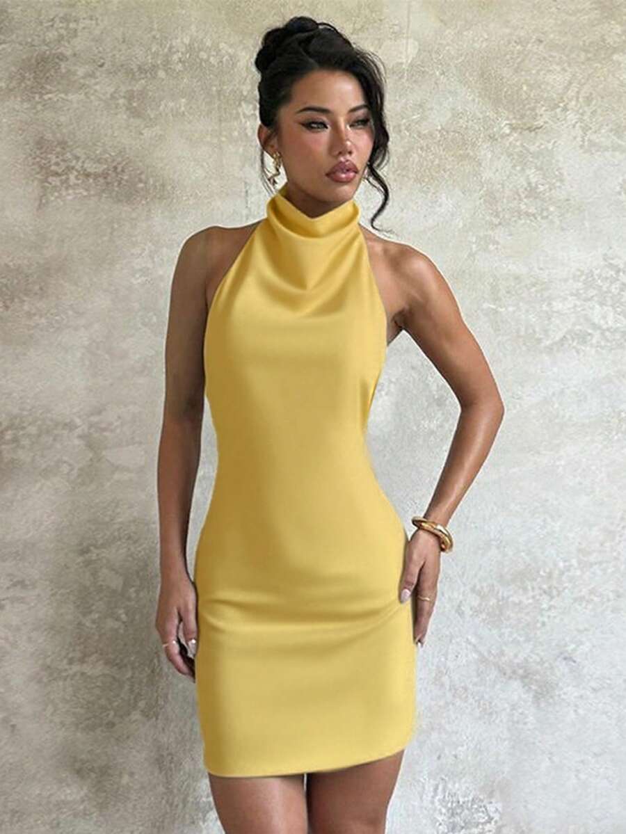 Women's Summer Yellow Satin Backless Halter High Neck Sexy Fashion Party Dress, Suitable For Dating, Party, Vacation