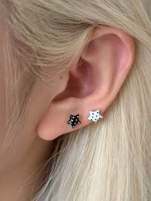 2pcs Women's Earrings, Black & White Metal, Contrast Polka Dot & Star, Minimalist Personalized Ear Jewelry Suitable For Daily Wear - Multicolor - View 2