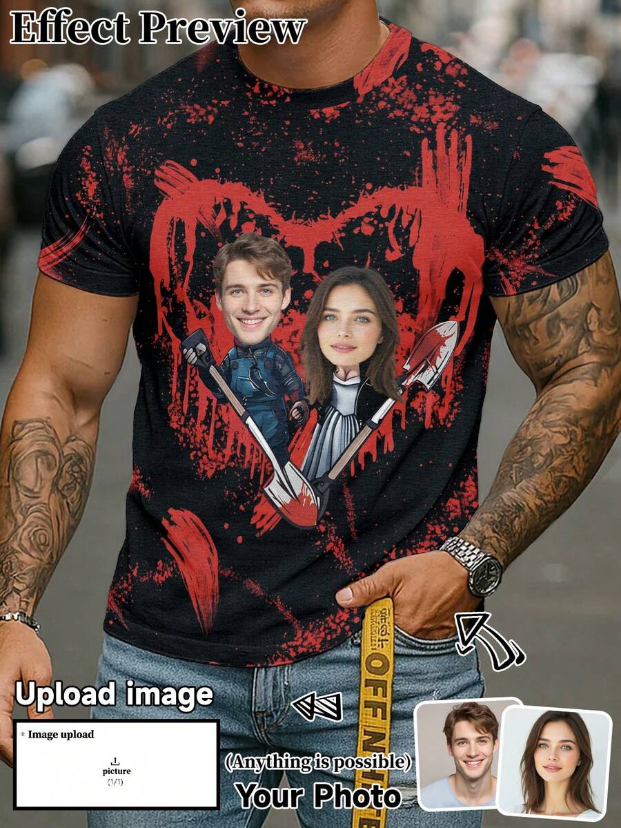 Black Bloodstain Print Customized Photo Men's Short Sleeve T-Shirt, Personalized Halloween Holiday Party Outfit - Multicolor - View 1