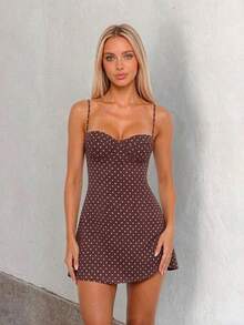 Summer Dress, Brown Spaghetti Strap Mini Dress, Party, Daily Wear, Wedding, Elegant, Date, Outing, Polka Dot Dress, Autumn - Brown - View 2