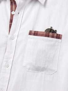Men's Old Money Style Colorblock Trim Long Sleeve Shirt, Quiet Luxury Linen Blend Button-Up Top - White - View 7