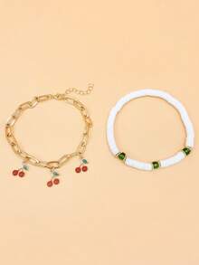 Conjunto de tobilleras de estilo bohemio con cuentas de cerámica suave y colgante de cereza, diseño en capas para vacaciones y playa - Multicolor - Ver 6