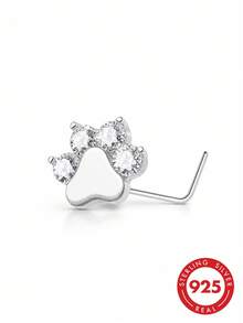 lunastudio 1pc 925 Sterling Silver 4 Zirconia Cat Paw Nose Stud For Women Daily Wear - Silver - View 2