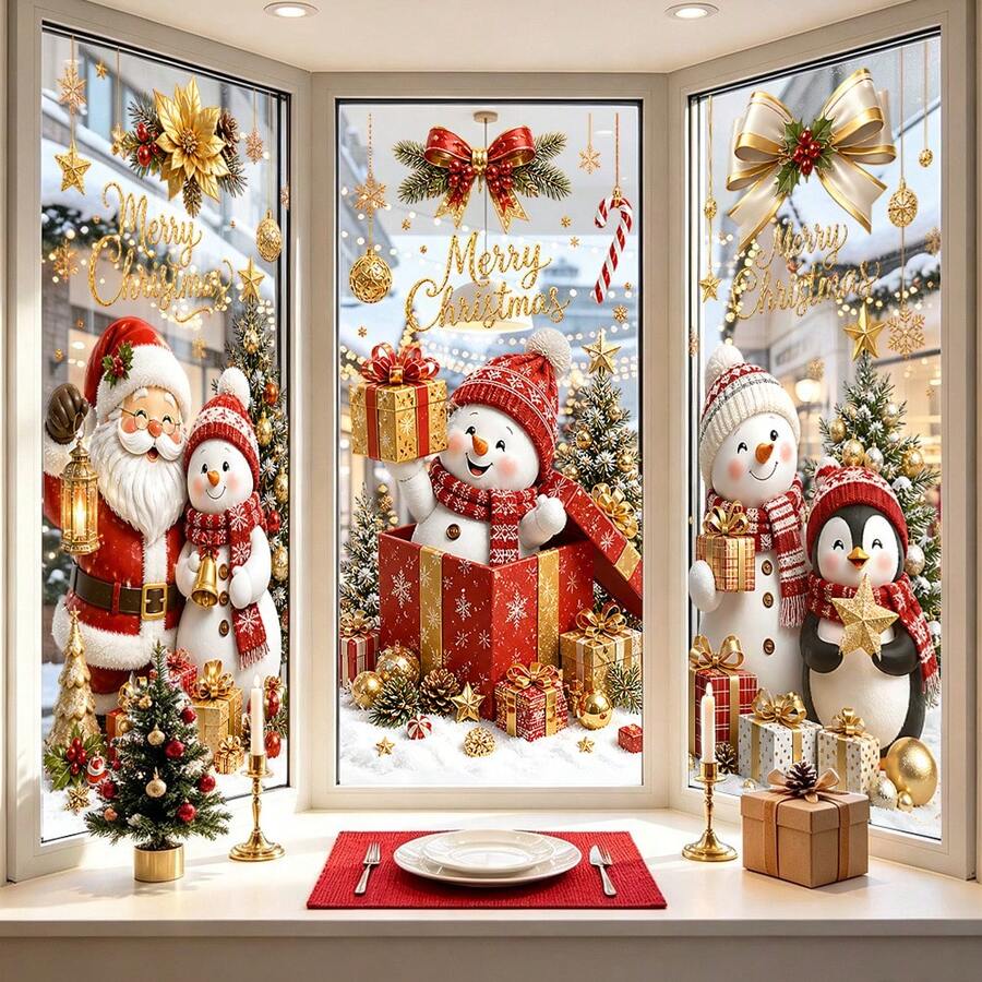 1pc Christmas Santa Claus Snowman Gift Box Star Window Sticker, Electrostatic Adsorption Removable Double-Sided Visible PVC Glass Decal, For Living Room Bedroom Door Window Glass Decoration, Christmas Decor - Multicolor - View 1