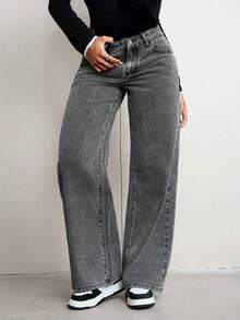 Jeans rectos de cintura baja de unicolor y ajuste holgado para adolescentes - Gris Oscuro - Ver 2