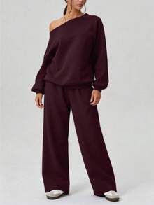 Solid-Color Slanted Shoulder Design Sporty Casual Fashion Two Pieces Set - Purple - View 5