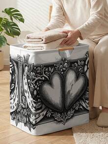 1PC Storage Basket, Laundry Hamper, Washing Basket, Storage Bucket, Heart‑Pattern Printed Design, Storage Basket With Wooden Handle, Foldable Multi‑Purpose Storage Bin, For Daily Clothes Storage & Organization - Multicolor - View 3