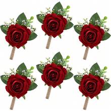 6PCS Red Rose Boutonniere For Groom And Groomsmen, Artificial Flower Corsage, Suitable For Homecoming Dance, Graduation Ball, Wedding Party, Anniversary Celebration, Ceremony, Formal Dinner - Multicolor - View 2