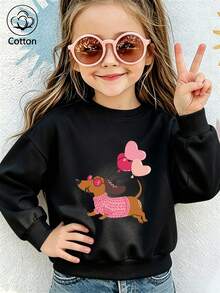 Cotton Girls' Round-Neck Pullover Hoodie, Relaxed Fit For Autumn And Winter, Featuring A Cute Dachshund Design, With A Sweet And Charming Preppy Style - Black - View 4