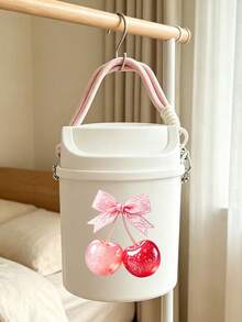 Cute Bowknot Cherry Print Swing Lid Car Trash Can, , Detachable Hanging Rope,Multifunctional Desktop Sundry Storage Bucket, Makeup Brush Holder, Car Interior Decor, Back To School Holiday Gift - A - View 2