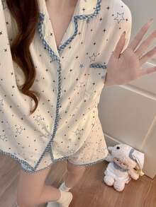 2pcs/Set Piyama Wanita, Cardigan Berkerah Motif Bintang, Celana Pendek Lengan Pendek Minimalis, Musim Semi/Panas - Blue and White - View 7