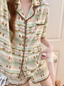 2pcs/Set Women's Pajamas Homewear Set, Middle Eastern Print Pattern Fashion Lapel Cardigan Simple Short Sleeve Shorts, Comfortable For Home - Multicolor - View 5