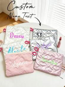 Personalized Custom Name Quilted Makeup Bag, Heart And Bow Embossed Cosmetic Pouch, Zipper Travel Storage Bag, Sanitary Napkin Bag, Custom Gift For Women - Multicolor - View 1