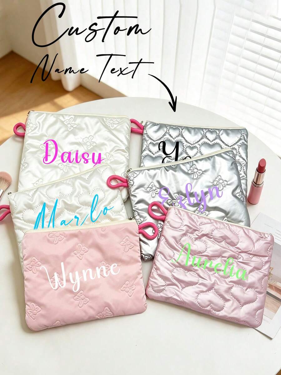 Personalized Custom Name Quilted Makeup Bag, Heart And Bow Embossed Cosmetic Pouch, Zipper Travel Storage Bag, Sanitary Napkin Bag, Custom Gift For Women - Multicolor - View 1
