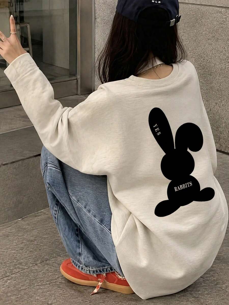 Women's Loose Fit Cartoon Print Long Sleeve T-Shirt, Versatile Casual Style For Spring And Autumn - Light Gray - View 1