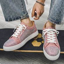 Sepatu Sneakers Pria dan Wanita Model Low Top Bertali dengan Hiasan Berlian Imitasi dan Patchwork, Sol Tebal, Sepatu Kasual Cocok untuk Perjalanan Sehari-hari, Gaya Jalanan, dan Jalan-jalan Akhir Pekan - Berwarna merah muda - View 1