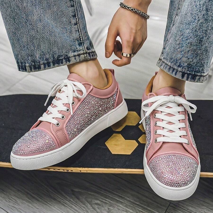 Sepatu Sneakers Pria dan Wanita Model Low Top Bertali dengan Hiasan Berlian Imitasi dan Patchwork, Sol Tebal, Sepatu Kasual Cocok untuk Perjalanan Sehari-hari, Gaya Jalanan, dan Jalan-jalan Akhir Pekan - Berwarna merah muda - View 1