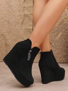 Women's Autumn/Winter New Suede Thick Sole Wedge High Heel Ankle Boots, Inner Zipper, Round Toe, Outer Rhinestone Buckle Decor - Black - View 7
