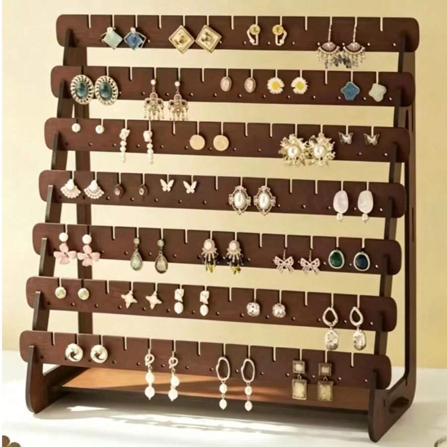 A Wooden Walnut Color, Minimalist And Stylish Tiered Earring Storage Rack, Suitable For Jewelry Store Earring Display Stand. Earring Storage Rack - Multi-layer Earring Storage Rack - View 1