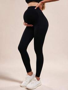 Maternity Seamless Solid Color High Waist Ribbed Waist Yoga Pants Leggings, Basic Slim Fit Sports Long Pants - Black - View 2