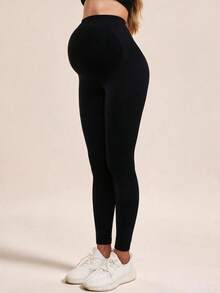 Maternity Seamless Solid Color High Waist Ribbed Waist Yoga Pants Leggings, Basic Slim Fit Sports Long Pants - Black - View 4