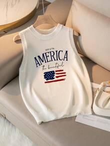 Spring/Summer New Round Neck Women's Tank Top AMERICA USA Letter Print, White Summer T-Shirt, Minimalist Fashion, Suitable For Commuting - White - View 6