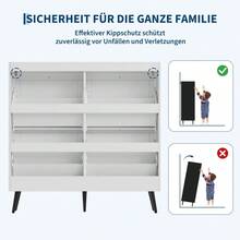 Tall, narrow shoe cupboard with 4 hinged doors – Adjustable shelves, MDF with legs – Modern, space-saving design for the hall/corridor/living room – White - Weiss - Übersicht 4