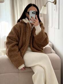 Women's Brown Teddy Fleece Lapel Coat, Long Batwing Sleeves, Regular Length, Warm Autumn/Winter Style - Brown - View 6