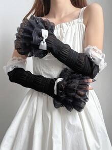 1 Pair Girls Lace Trim Patchwork Arm Sleeves, Ballet Style White & Black Sleeve Covers, Sweet Cute Lolita Bowknot Arm Warmers - Multicolor - View 2